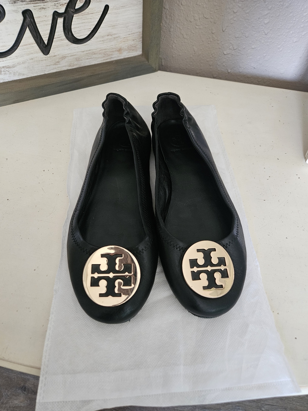 Tory Burch Black Reva Ballet Flats with Gold Logo